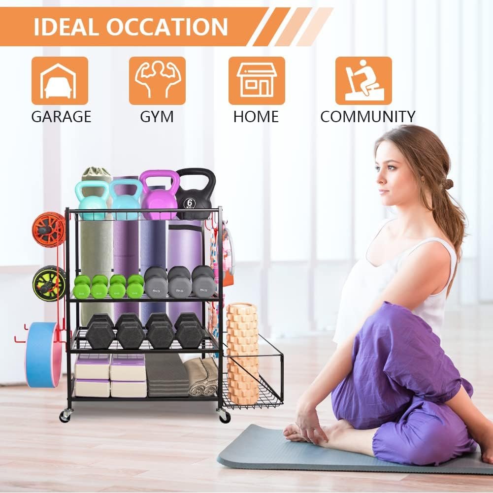 Oududianzi Yoga Mat Storage Rack, Dumbbell Rack, Weight Rack for Dumbbells, Home Gym Storage Organizer for Dumbbells Kettlebells Foam Roller Yoga Mat, Workout Equipment Storage with Wheels and Hooks