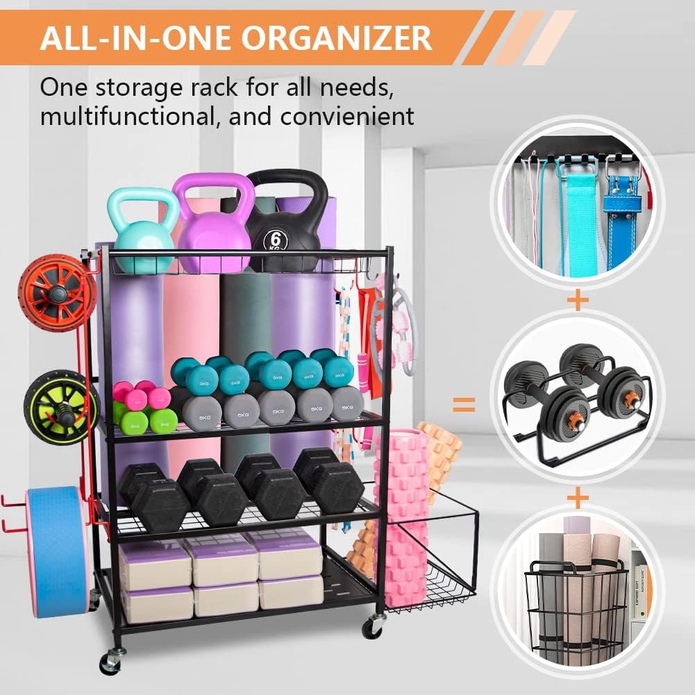 Oududianzi Yoga Mat Storage Rack, Dumbbell Rack, Weight Rack for Dumbbells, Home Gym Storage Organizer for Dumbbells Kettlebells Foam Roller Yoga Mat, Workout Equipment Storage with Wheels and Hooks