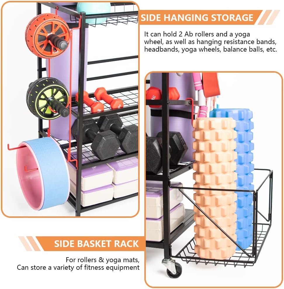 Oududianzi Yoga Mat Storage Rack, Dumbbell Rack, Weight Rack for Dumbbells, Home Gym Storage Organizer for Dumbbells Kettlebells Foam Roller Yoga Mat, Workout Equipment Storage with Wheels and Hooks