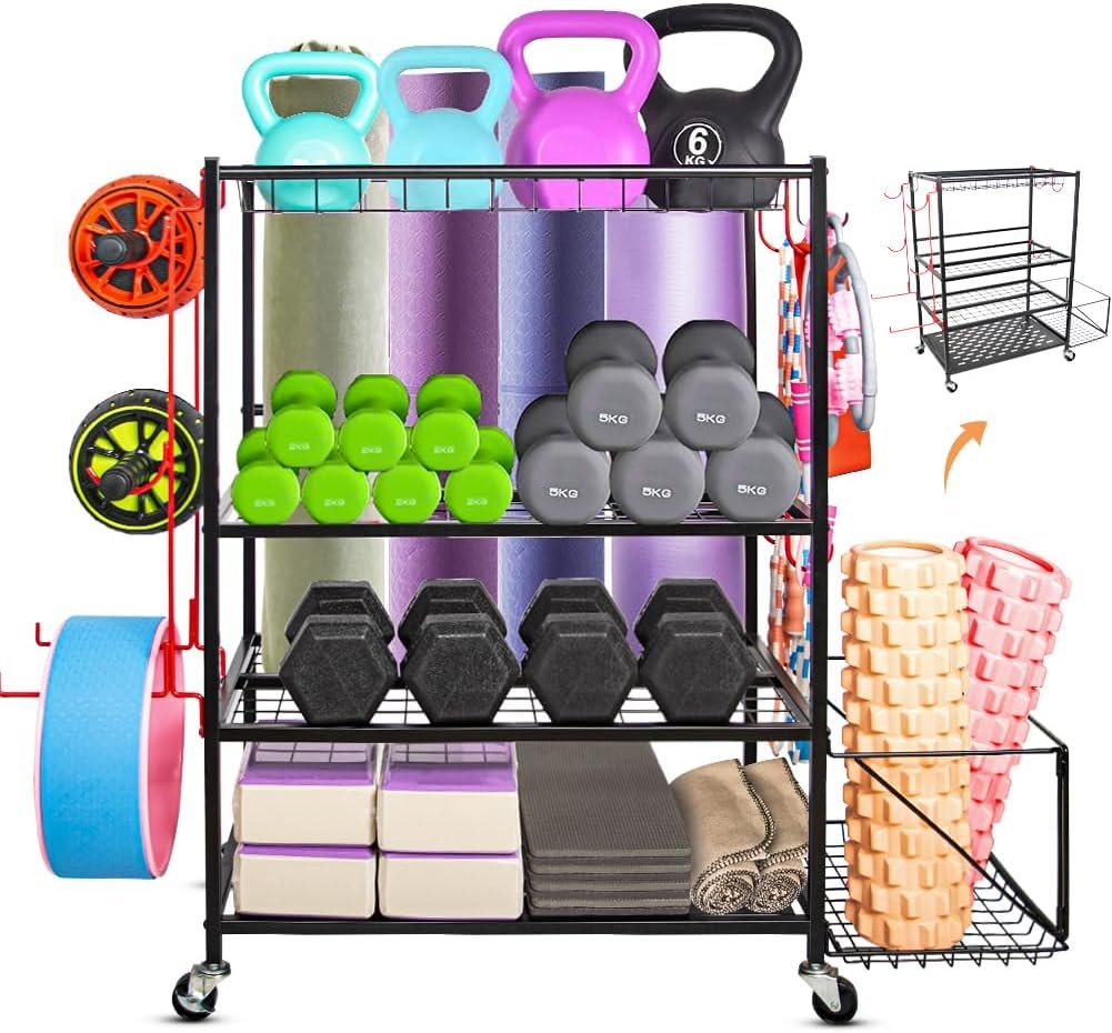 Oududianzi Yoga Mat Storage Rack, Dumbbell Rack, Weight Rack for Dumbbells, Home Gym Storage Organizer for Dumbbells Kettlebells Foam Roller Yoga Mat, Workout Equipment Storage with Wheels and Hooks